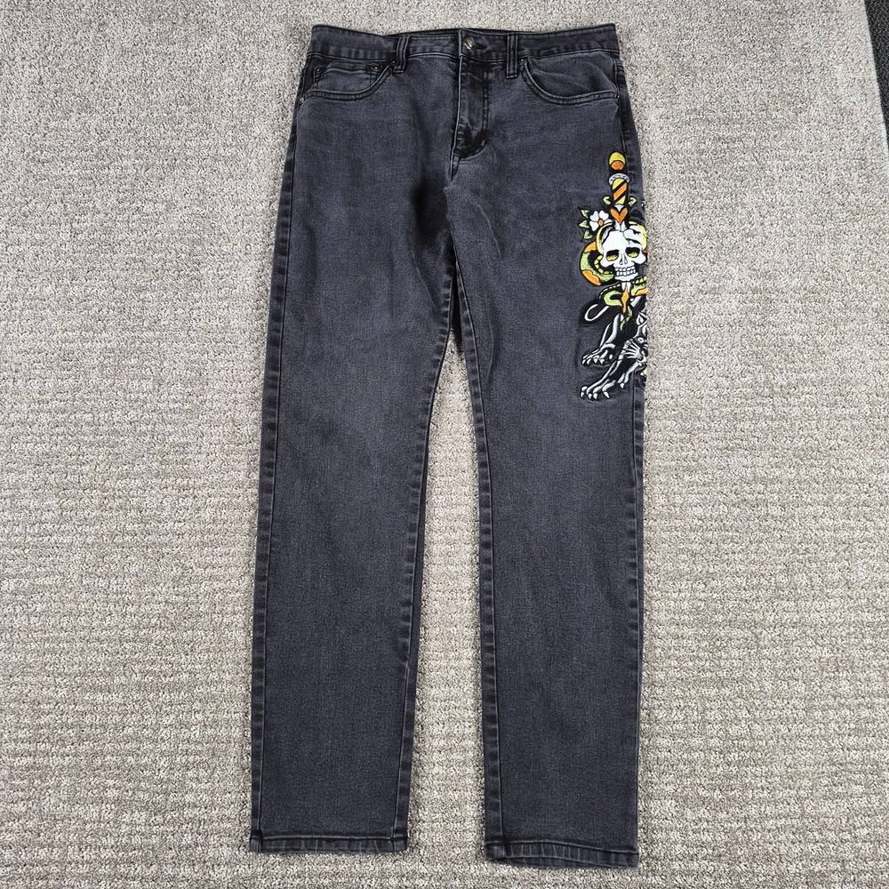 Ed Hardy Jeans Mens 32x32 Black Dagger Skull Panther Slim Taper Denim Y2k Vtg